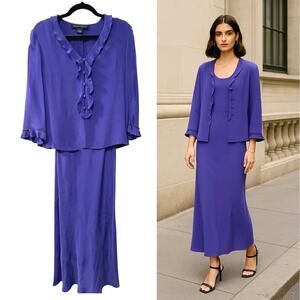 Vintage 90's Silk 2-Piece Set 8 Beaded Ruffle Jacket Maxi Slip Dress Boho Purple